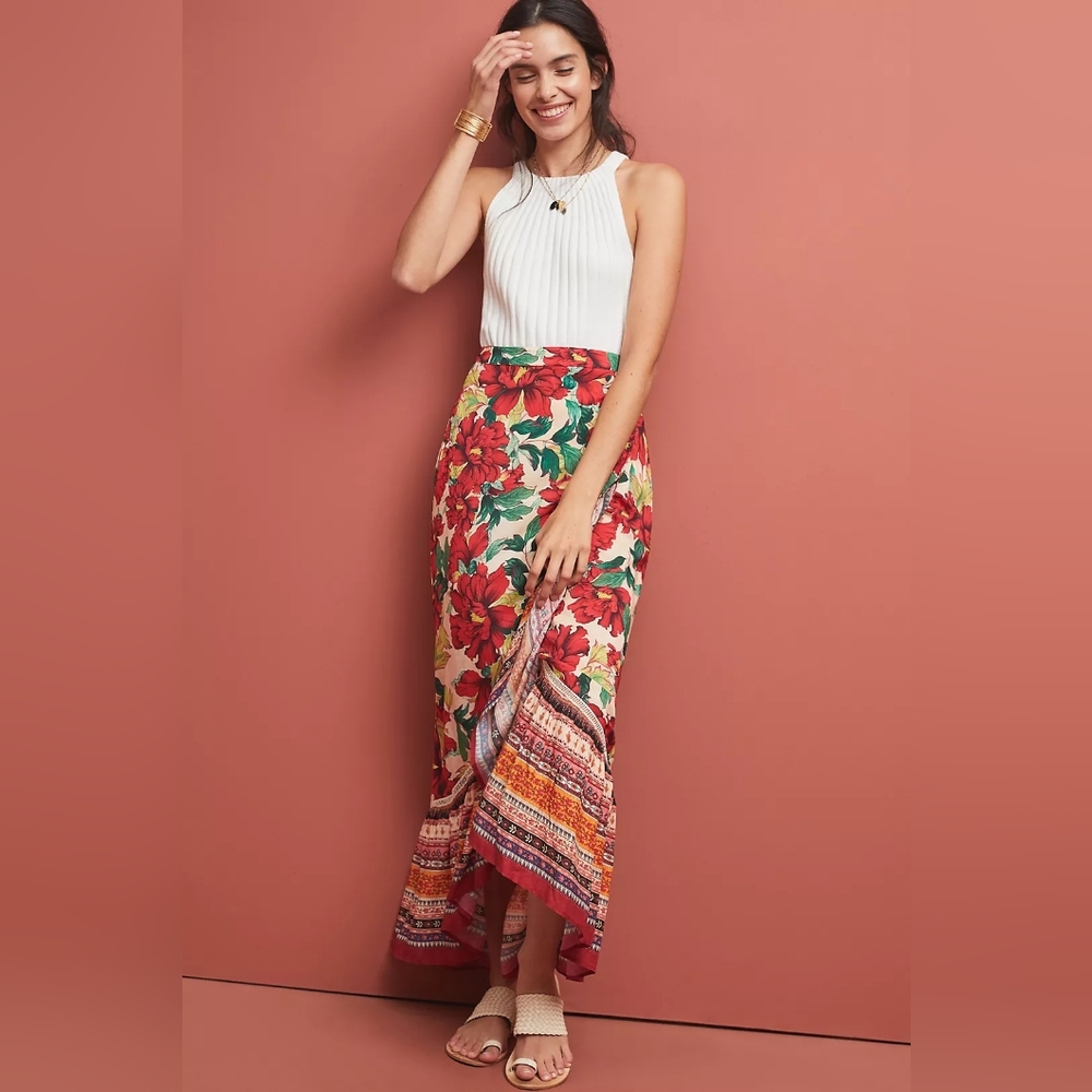 FARM RIO‎ Anthropologie Wrapped Floral Skirt Bohemian Maxi Skirt - Red/Cream XS